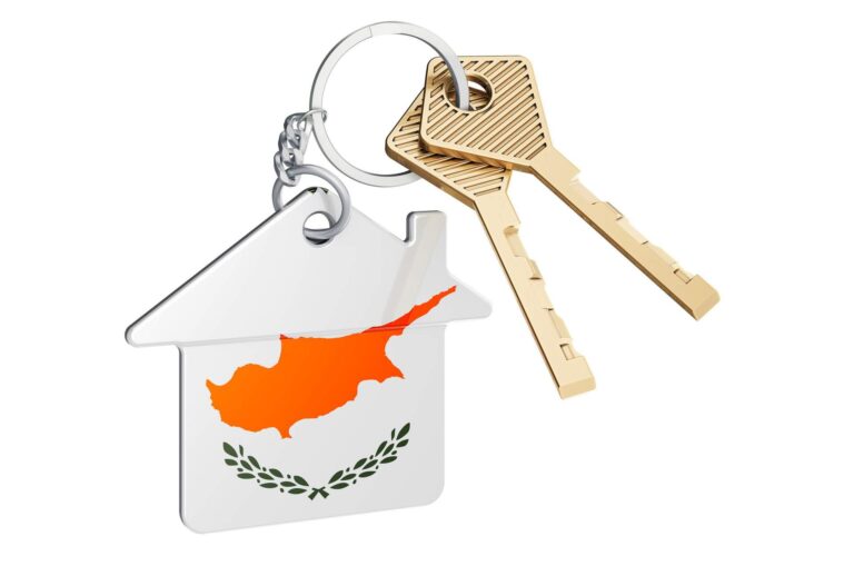 Home keychain with Cypriot flag. Property, rent or mortgage concept. 3D rendering isolated on white background